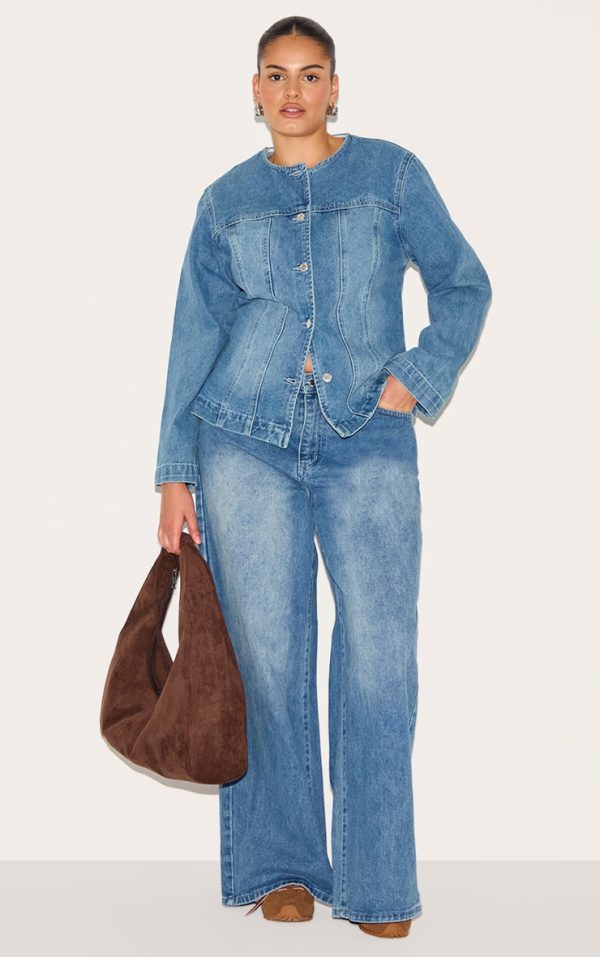 Plus Mid Blue Wash Wide Leg Jeans