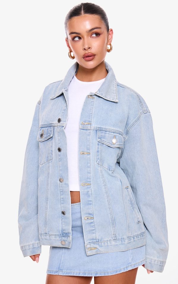 PRETTYLITTLETHING Light Blue Wash Oversized Boyfriend Denim Jacket