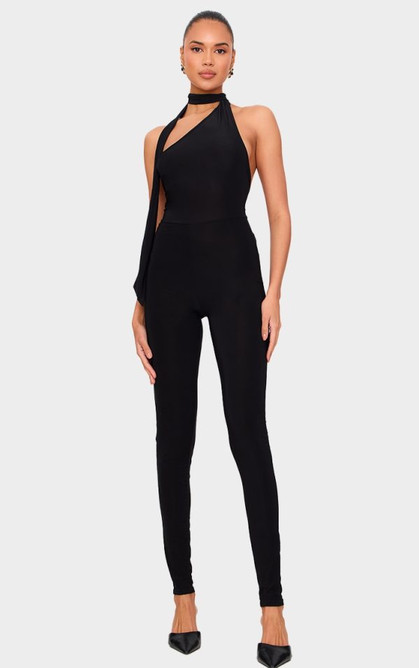 Black Double Layer Slinky One Shoulder Jumpsuit