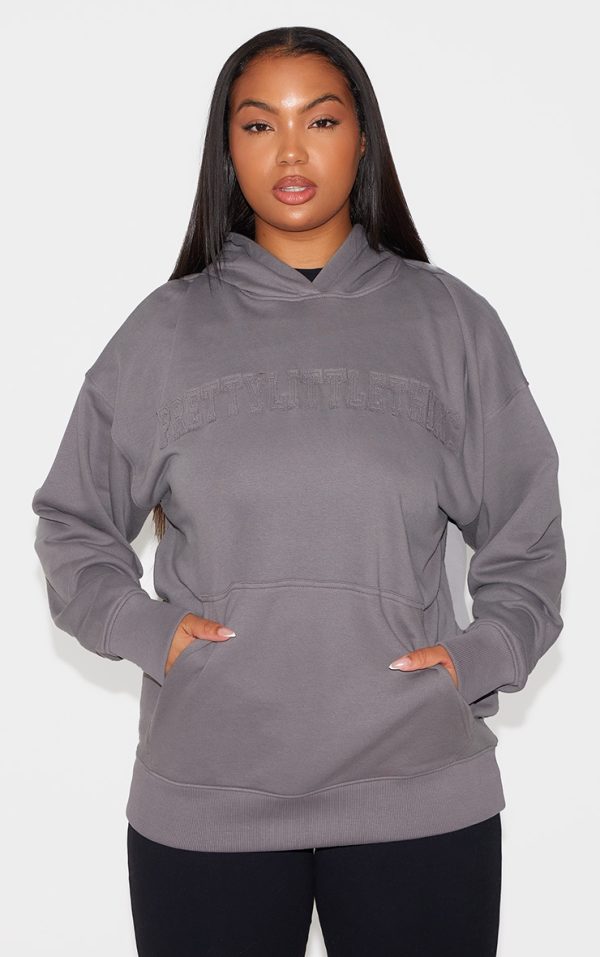 PRETTYLITTLETHING Plus Charcoal Applique Hoodie