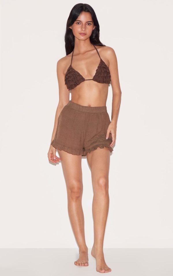 Chocolate Linen Look Frill Edge Shorts
