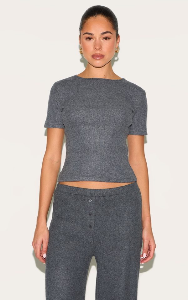 Charcoal Brushed Ribbed Fitted T-Shirt