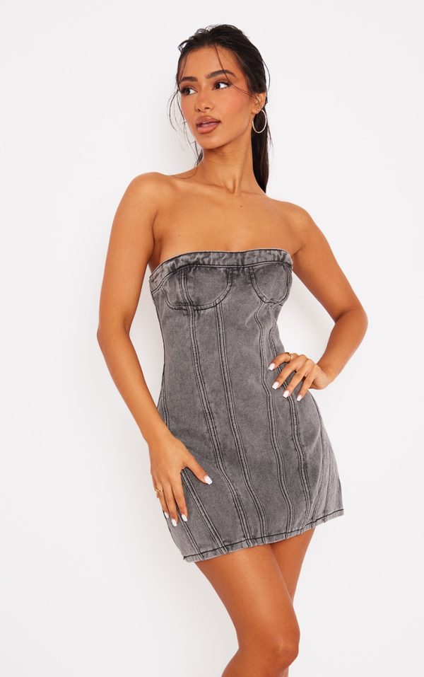 Petite Washed Grey Seam Front Denim Mini Dress