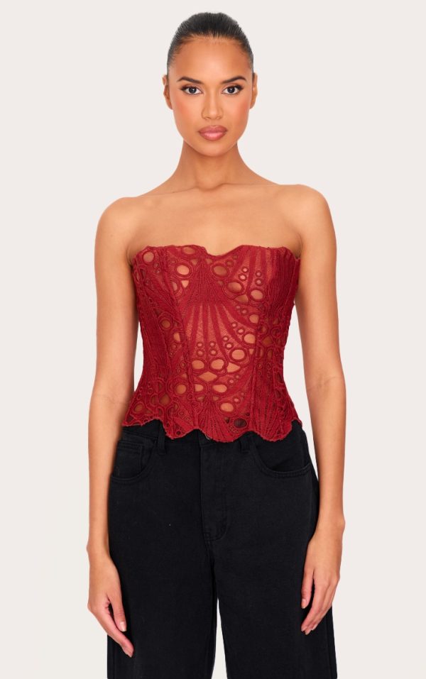 Burnt Orange Textured Sheer Floral Lace Corset
