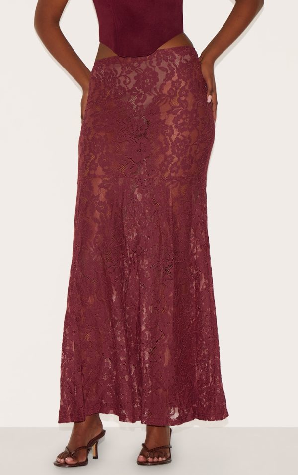 Plum Floral Lace Sheer Maxi Skirt