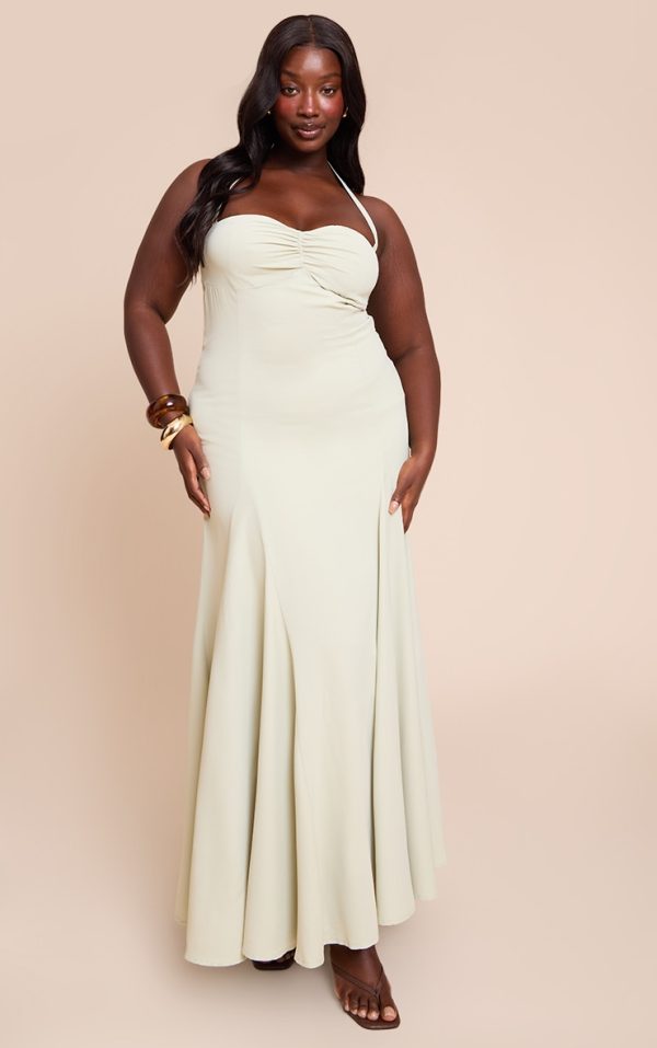 Plus Sage Woven Halterneck Ruched Bust Detail Maxi Dress