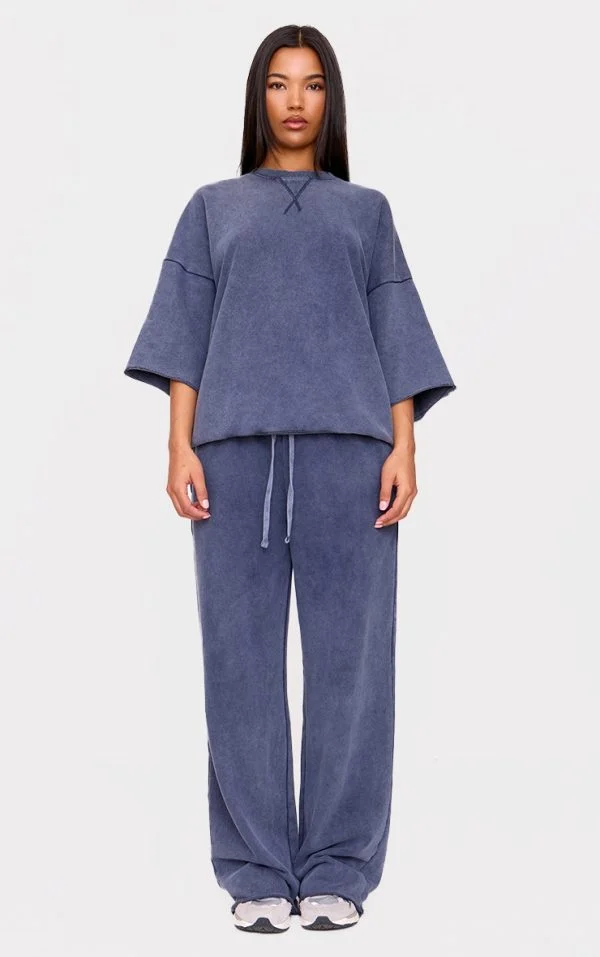 Navy Vintage Wash Wide Leg Sweatpants
