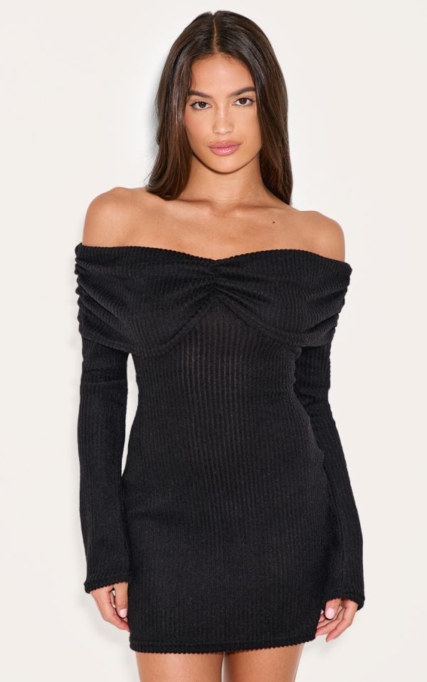 Black Brushed Rib Bardot Long Sleeve Bodycon Dress