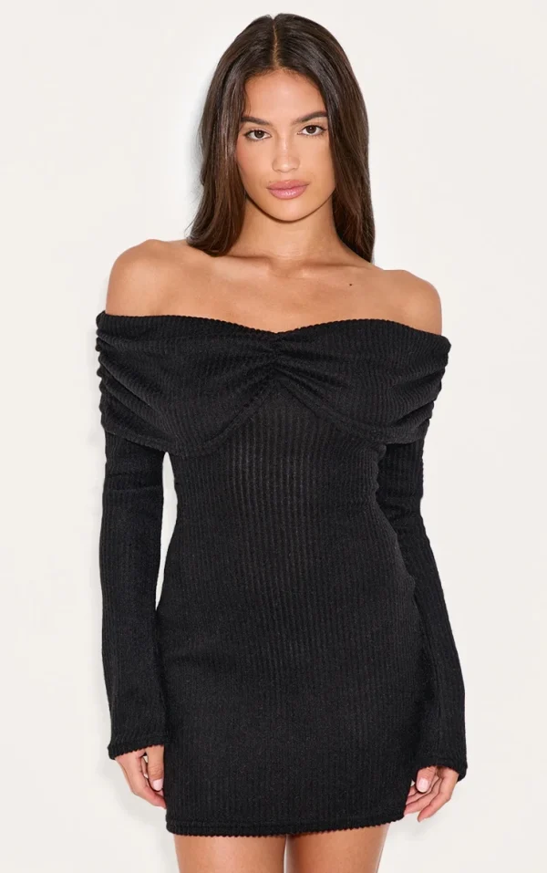 Black Brushed Rib Bardot Long Sleeve Bodycon Dress