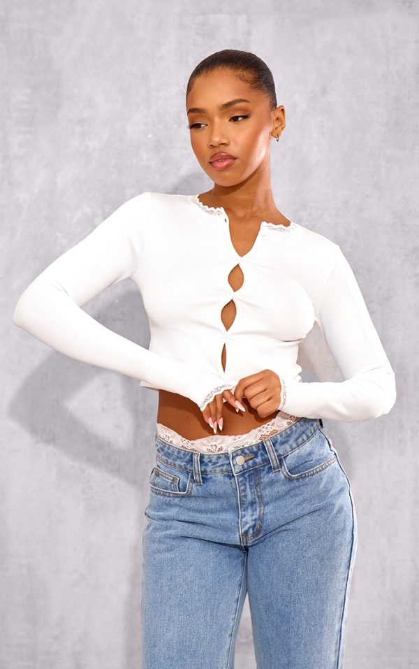 White Lace Trim Snatched Rib Button Up Long Sleeve Top