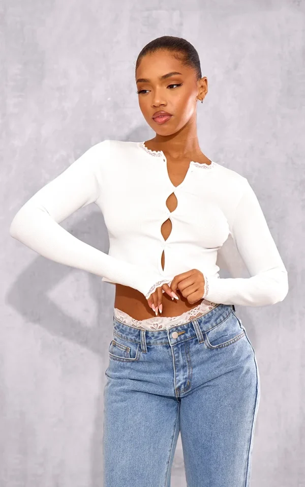 White Lace Trim Snatched Rib Button Up Long Sleeve Top