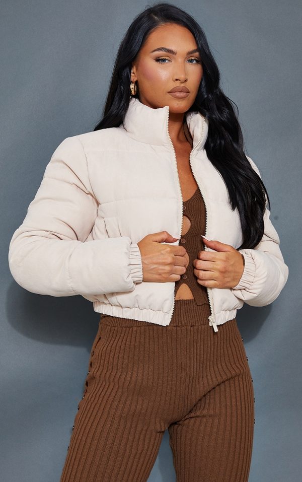 Stone Cropped Peach Skin Bubble Puffer Jacke