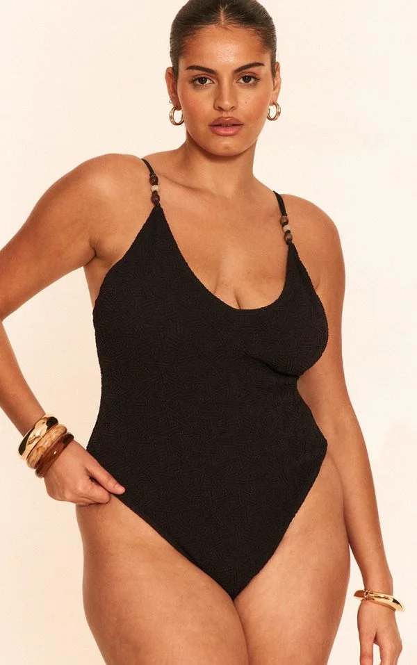 Plus Black Textured Bead Trim Plunge Swimsuit
