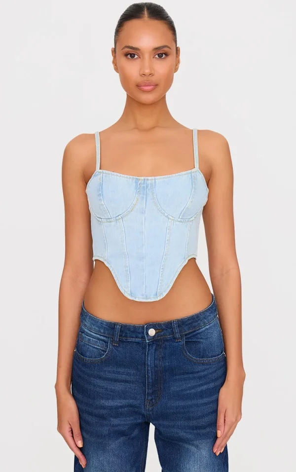 Light Blue Wash Dipped Hem Denim Corset