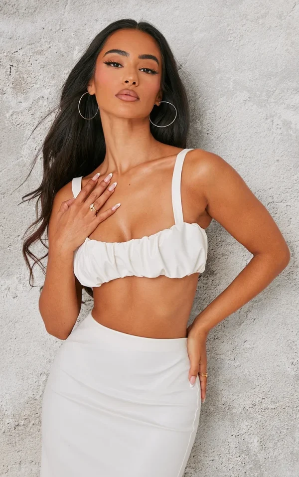 Petite Cream Faux Leather Ruched Bralet
