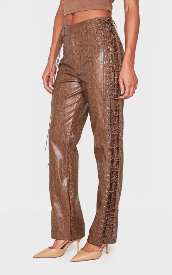 Brown Faux Leather Lace Up Straight Leg Pants