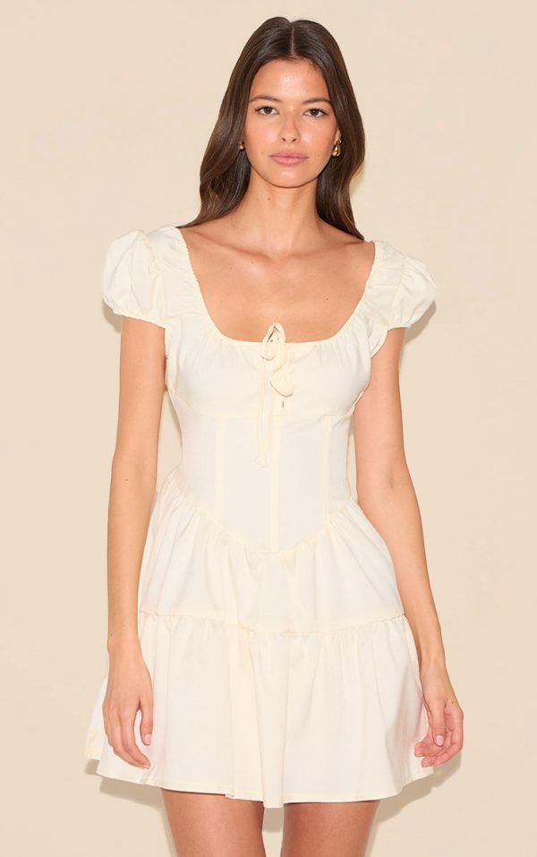 Natural Bardot Shirred Detail Shift Dress