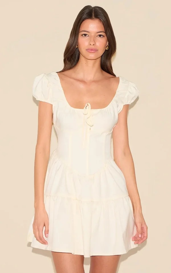Natural Bardot Shirred Detail Shift Dress