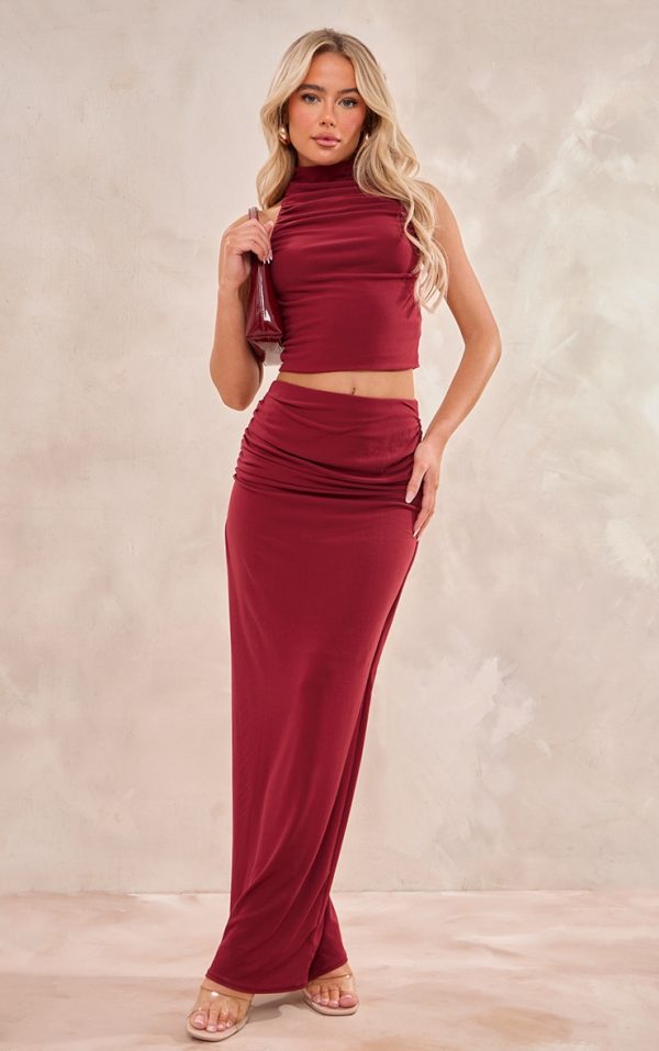 Burgundy Soft Touch Ruched Back Maxi Skirt