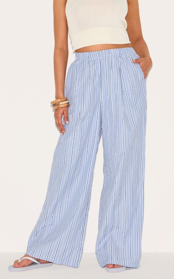 Petite Blue Pinstripe Elasticated Waist Wide Leg Pants