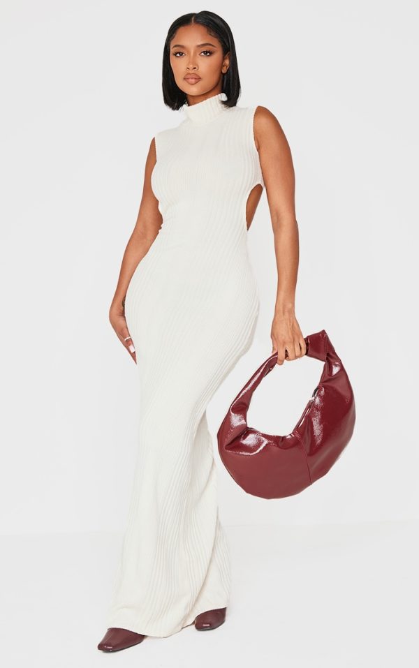 Shape Cream Brushed Rib High Neck Open Back Maxi Dress