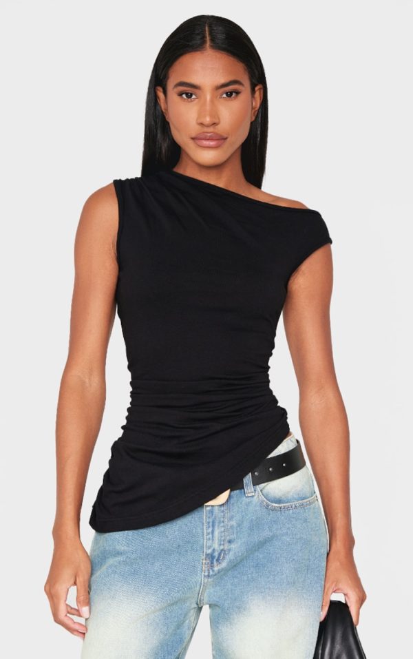 Black Asymmetric Shoulder Ruched Longline Top