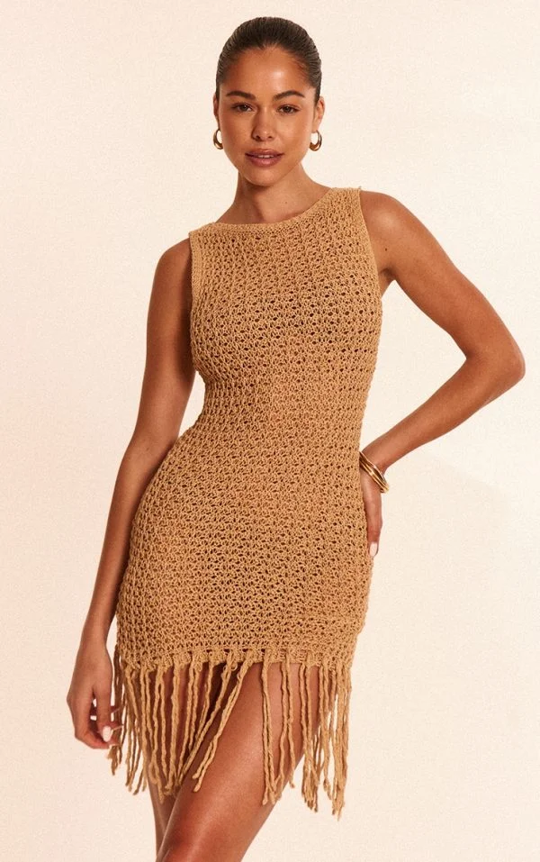 Beige Crochet Boat Neck Tassel Mini Dress