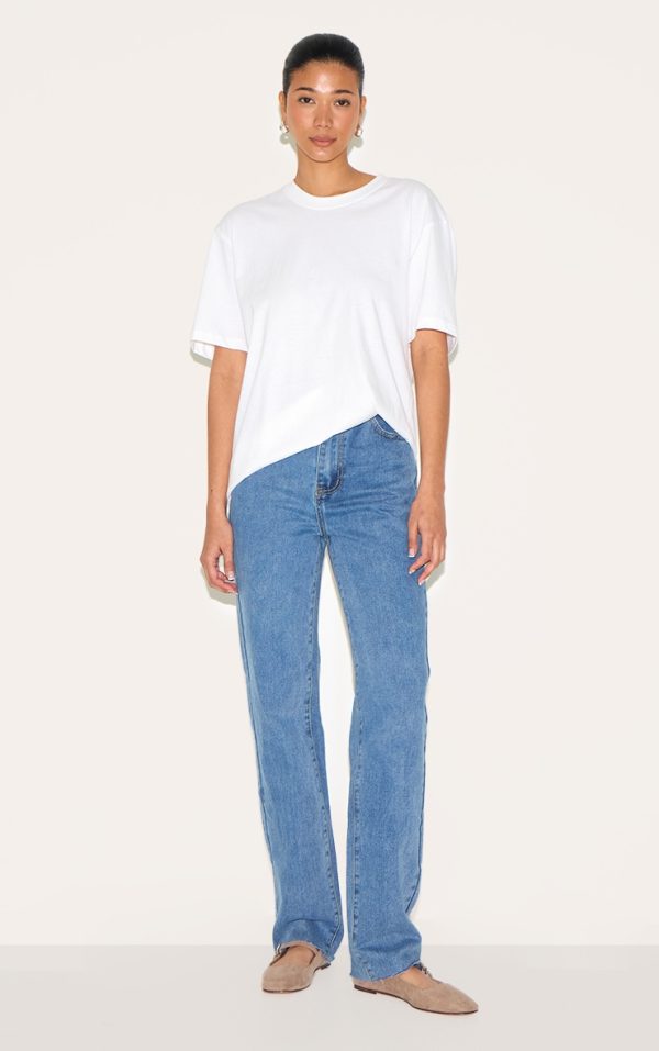 Mid Blue Wash Raw Hem Straight Leg Jean