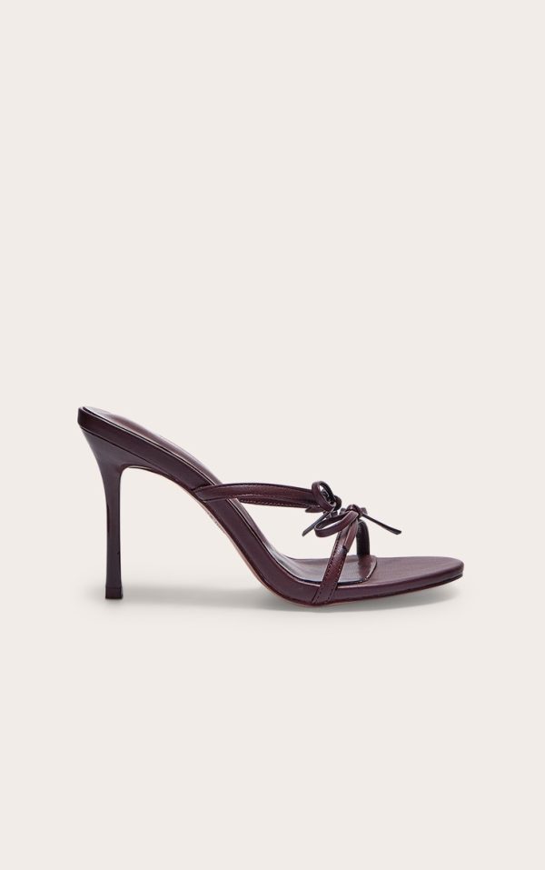 Burgundy Pu Round Toe Bow Strap High Stiletto Heeled Mules