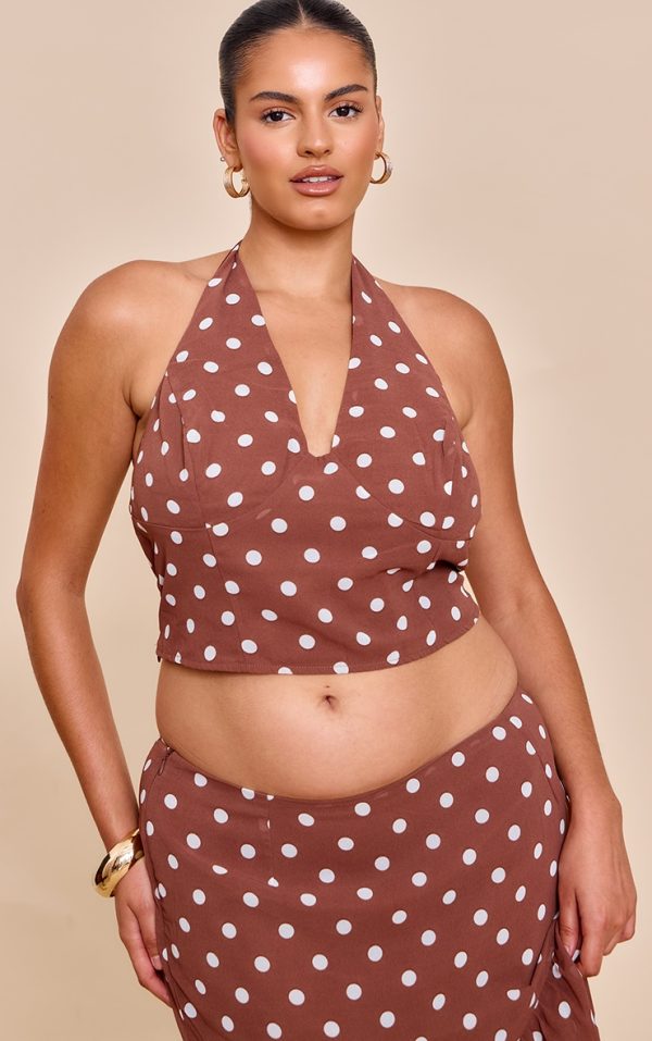 Plus Chocolate Polka Dot Halterneck Chiffon Top