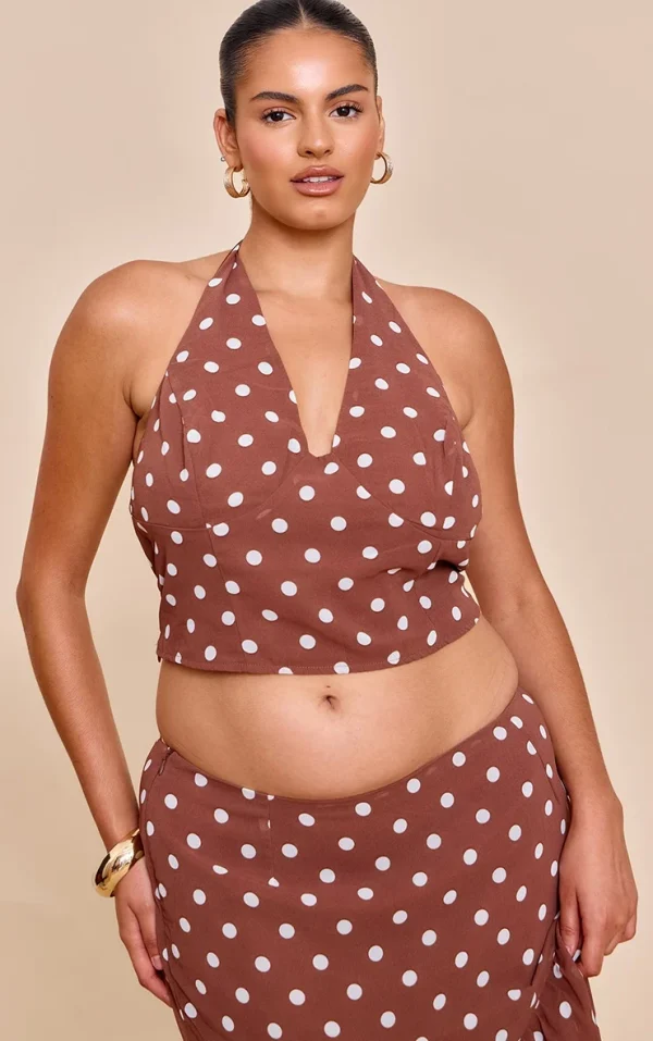 Plus Chocolate Polka Dot Halterneck Chiffon Top