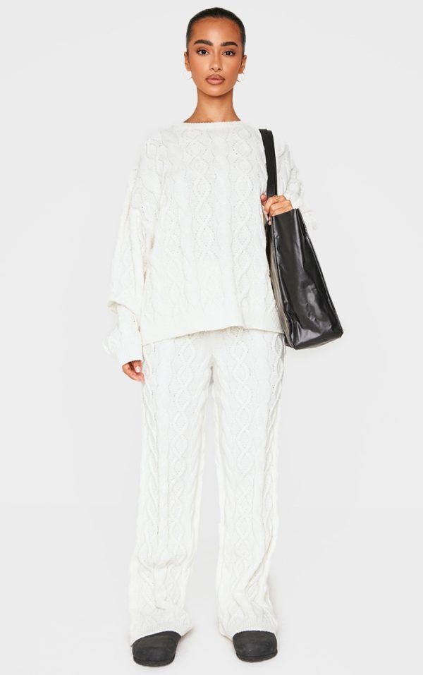Petite Cream Cable Knit Wide Leg Pants