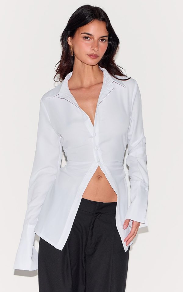 White Asymmetric Cinched Deep Cuff Shirt