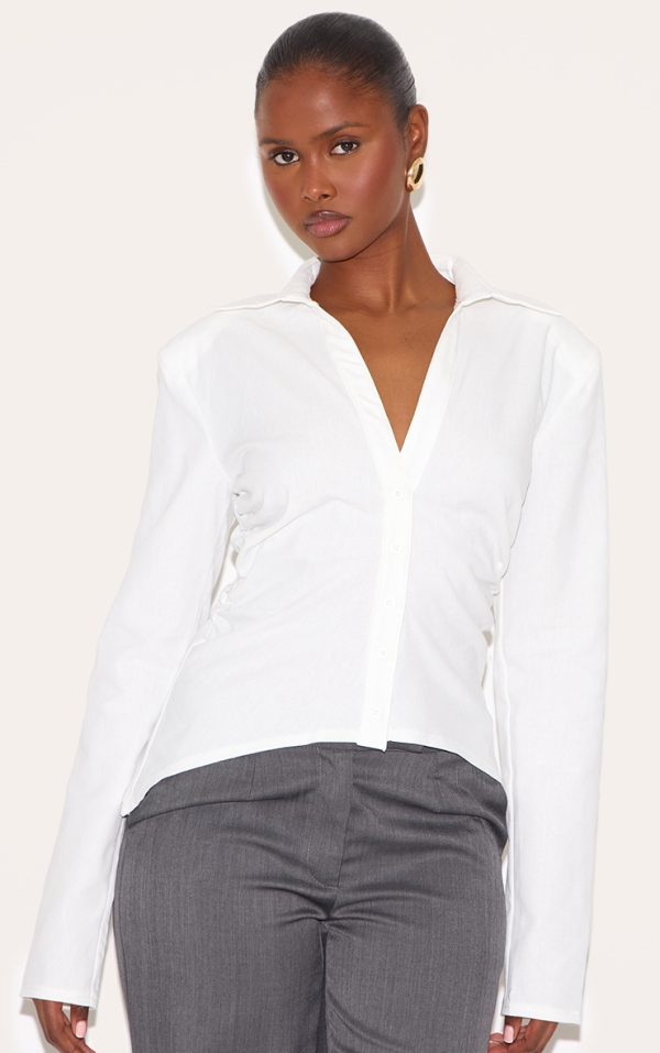White Linen Blend Shoulder Padded Fitted Shirt