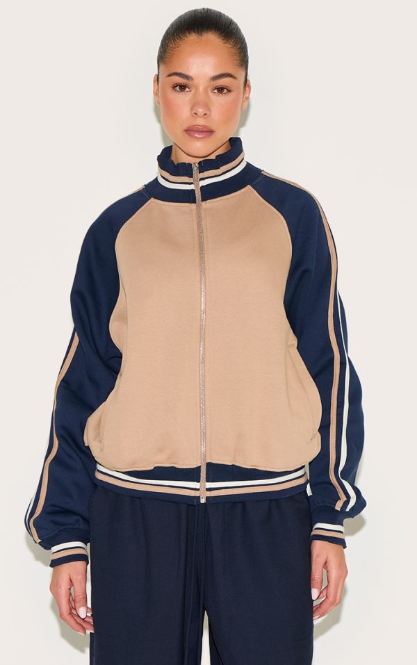 Navy Contrast Panel Detail Zip Up Sweatshirt