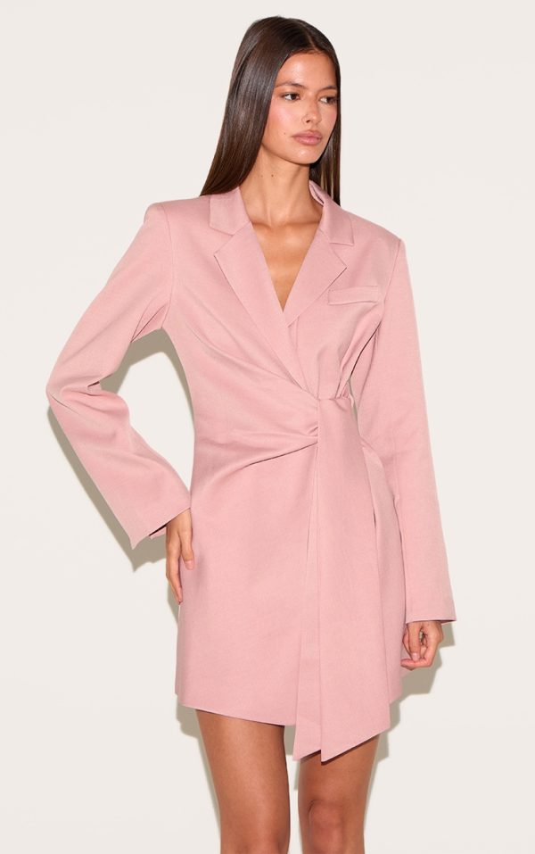 Pink Woven Blazer Side Tie Mini Dress