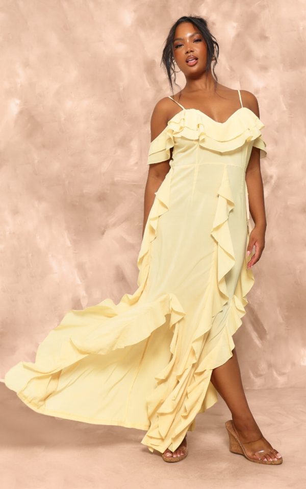 Plus Lemon Cold Shoulder Ruffle Detail Maxi Dress