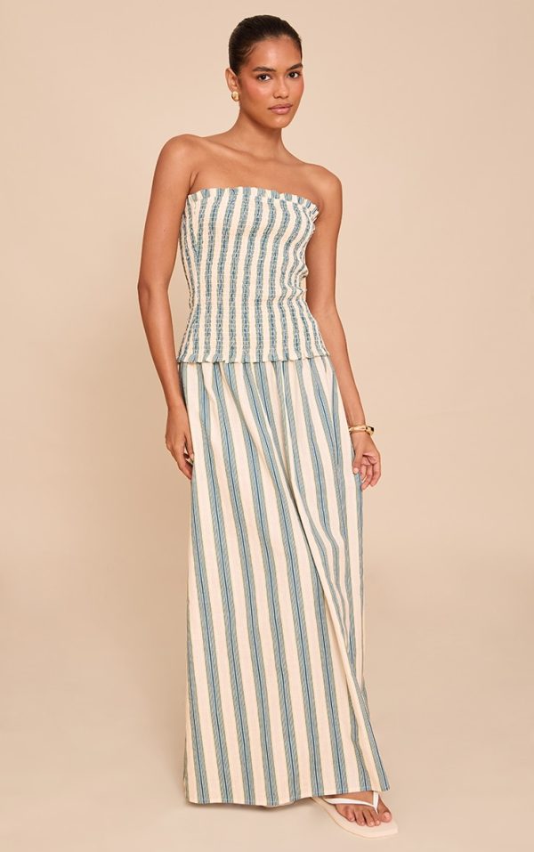 Green Pinstripe Linen Look Maxi Skirt