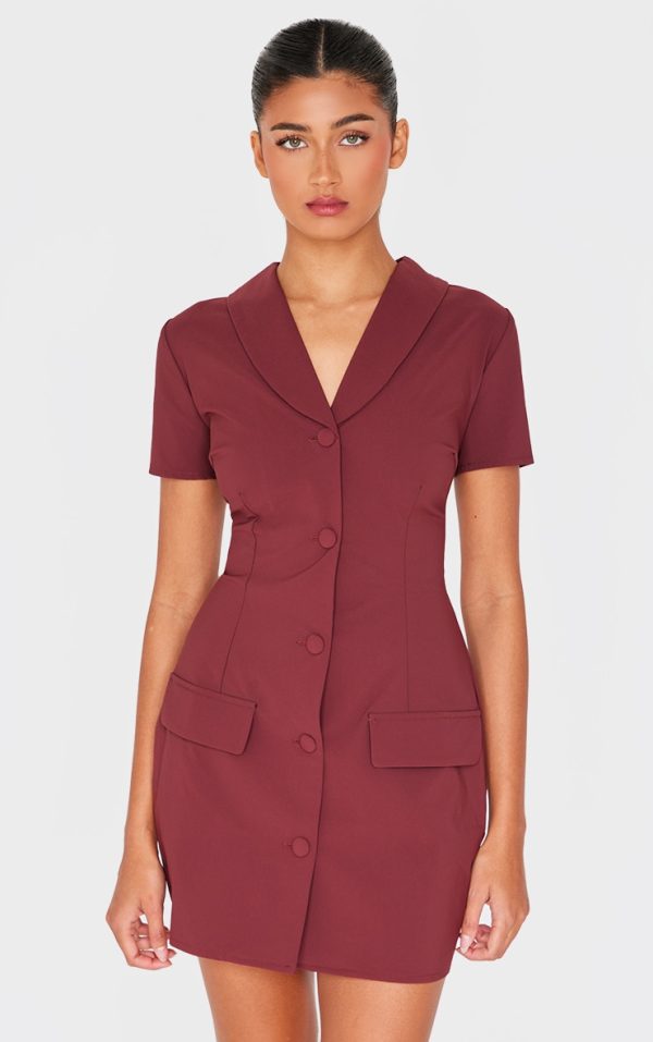 Burgundy Tailored Woven Cap Sleeve Button Down Shift Dress