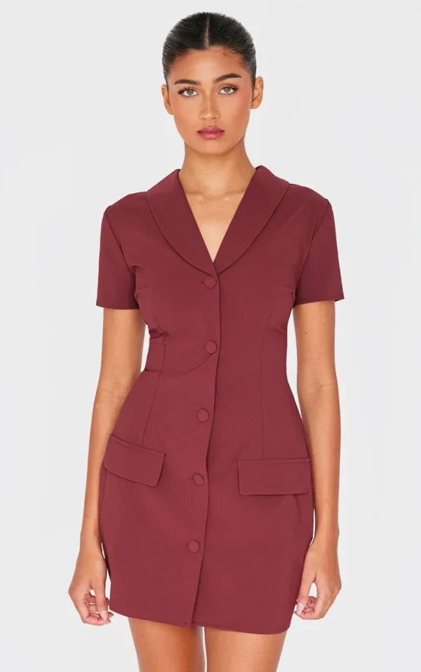 Burgundy Tailored Woven Cap Sleeve Button Down Shift Dress