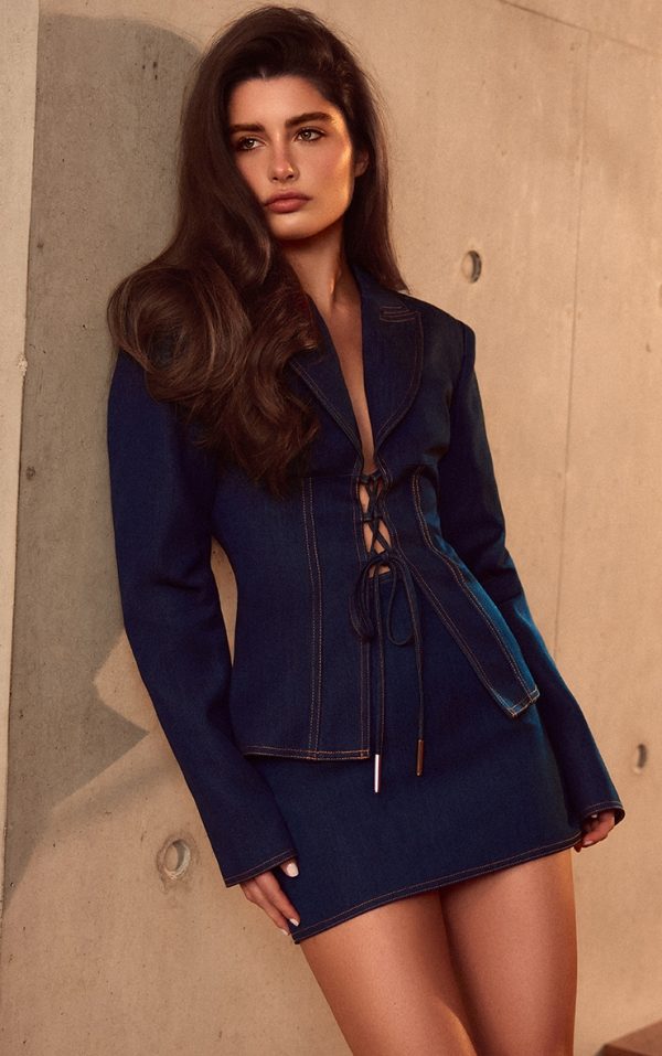PLT Label Denim Blue Tailored Lace Up Corset Blazer