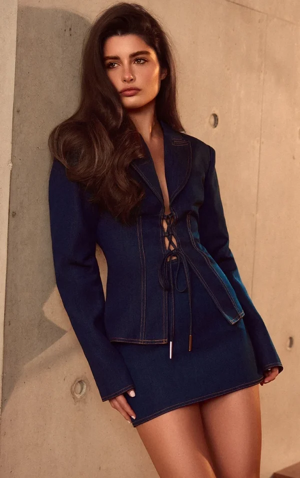 PLT Label Denim Blue Tailored Lace Up Corset Blazer