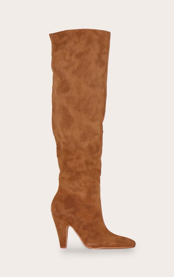 Camel Faux Suede Point Toe Over The Knee Heeled Boot