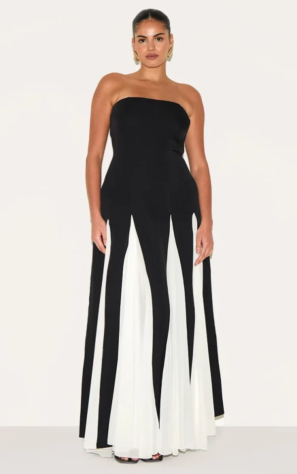 Plus Black Bandeau Contrast Chiffon Pleated Maxi Dress