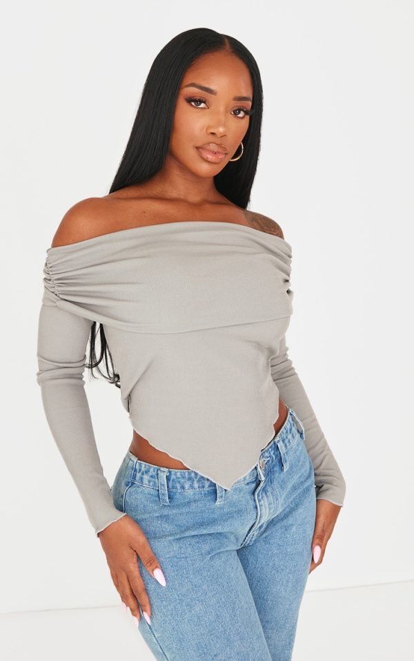 Shape Charcoal Rib Bardot Ruched Side Longline Top