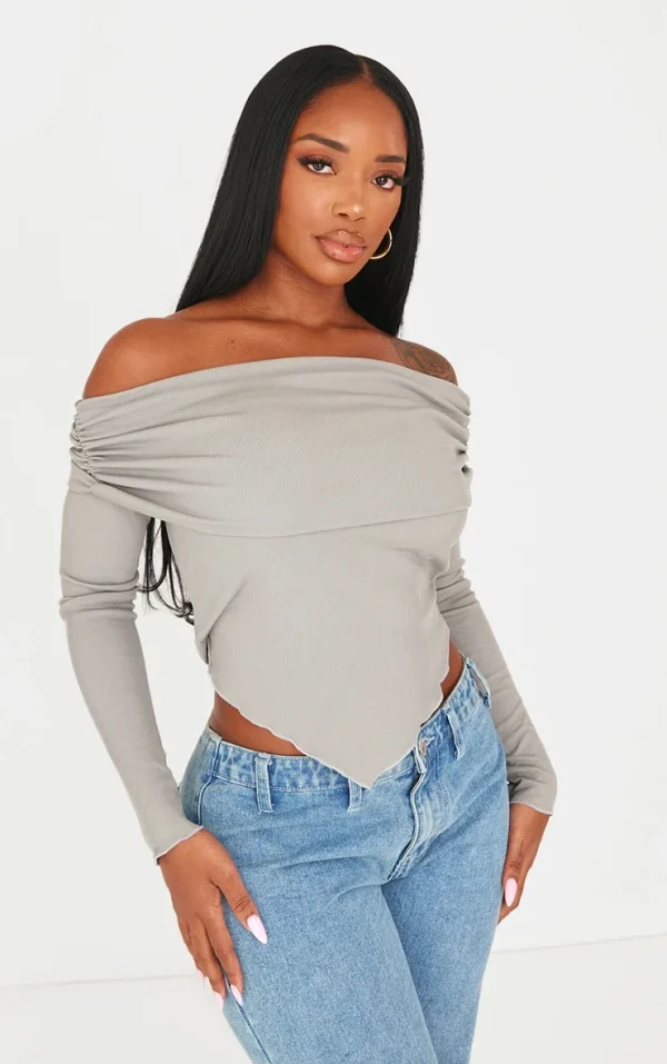 Shape Charcoal Rib Bardot Ruched Side Longline Top