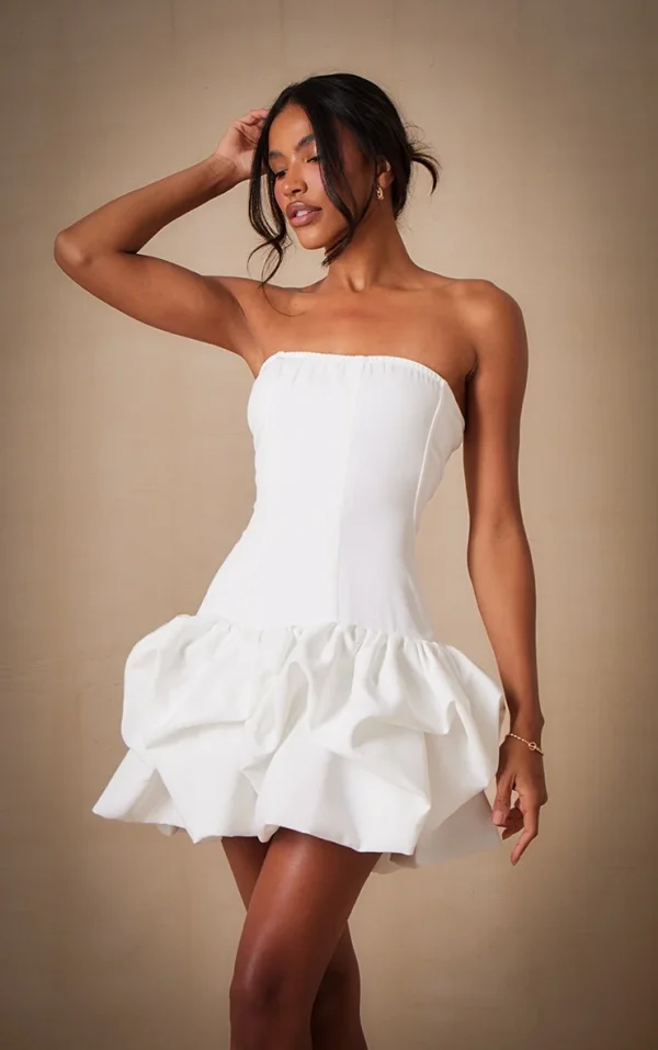 Premium White Woven Corset Puffball Hem Mini Dress