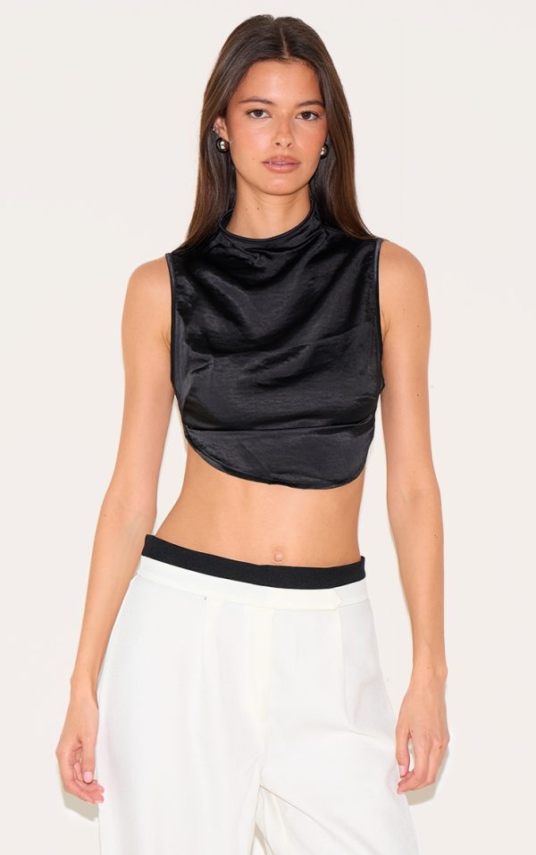 Black Satin Backless Highneck Extreme Crop Top