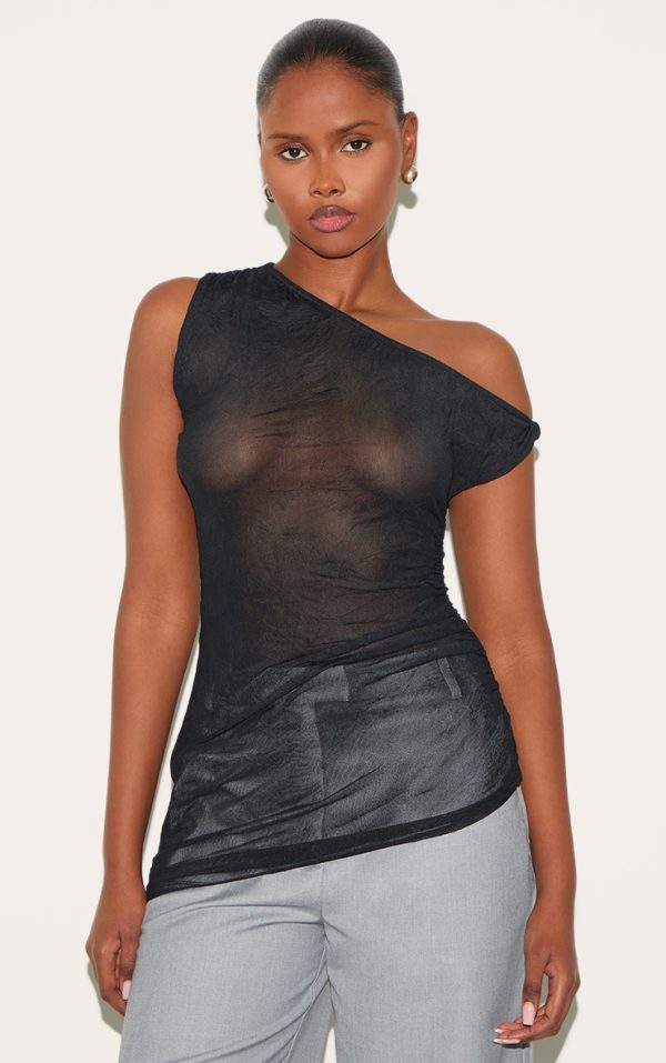 Black Crinkle Mesh Twist Sleeve Detail Long Top