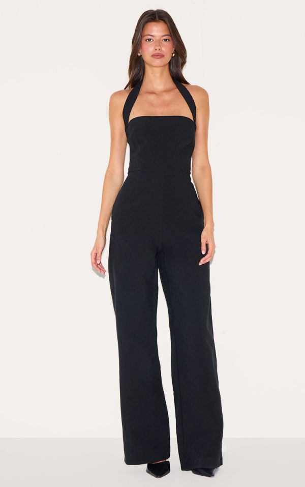 Black Premium Woven Halter Neck Wide Leg Jumpsuit